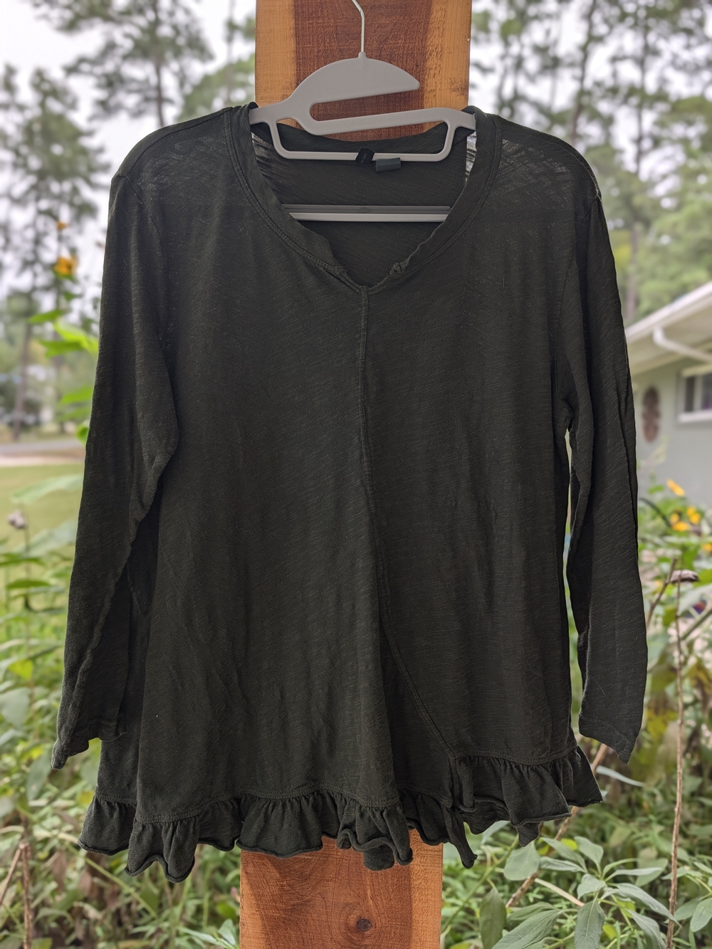 Left Of Center. Women's Dark Olive Ruffle Hem Long Sleeve Top